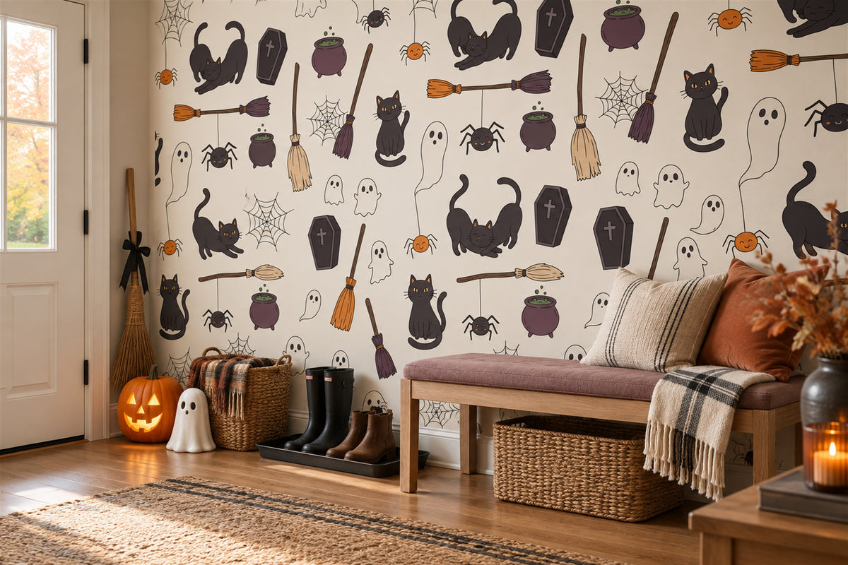 halloween cream cats wallpaper mural entry custom removable non woven vinyl stick on