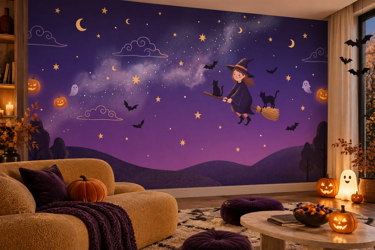 halloween purple witch study custom stick on removable non woven vinyl wallpaper mural