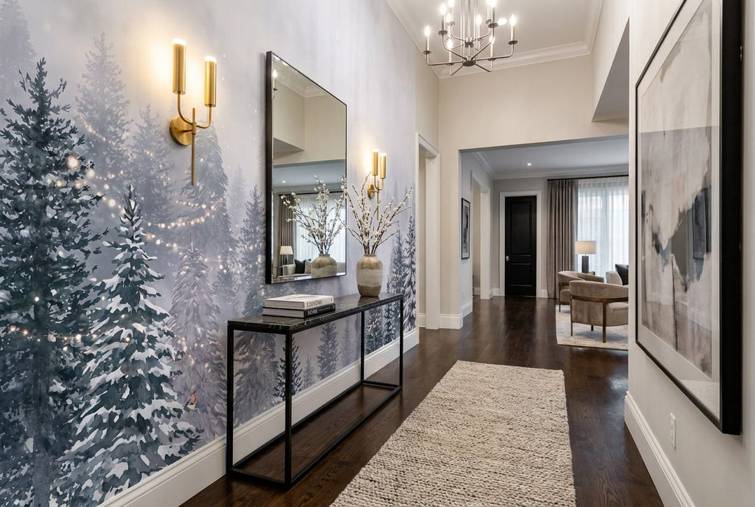 Glacier Blue Vintage Nordic Winter Forest Wallpaper Mural in hallway
