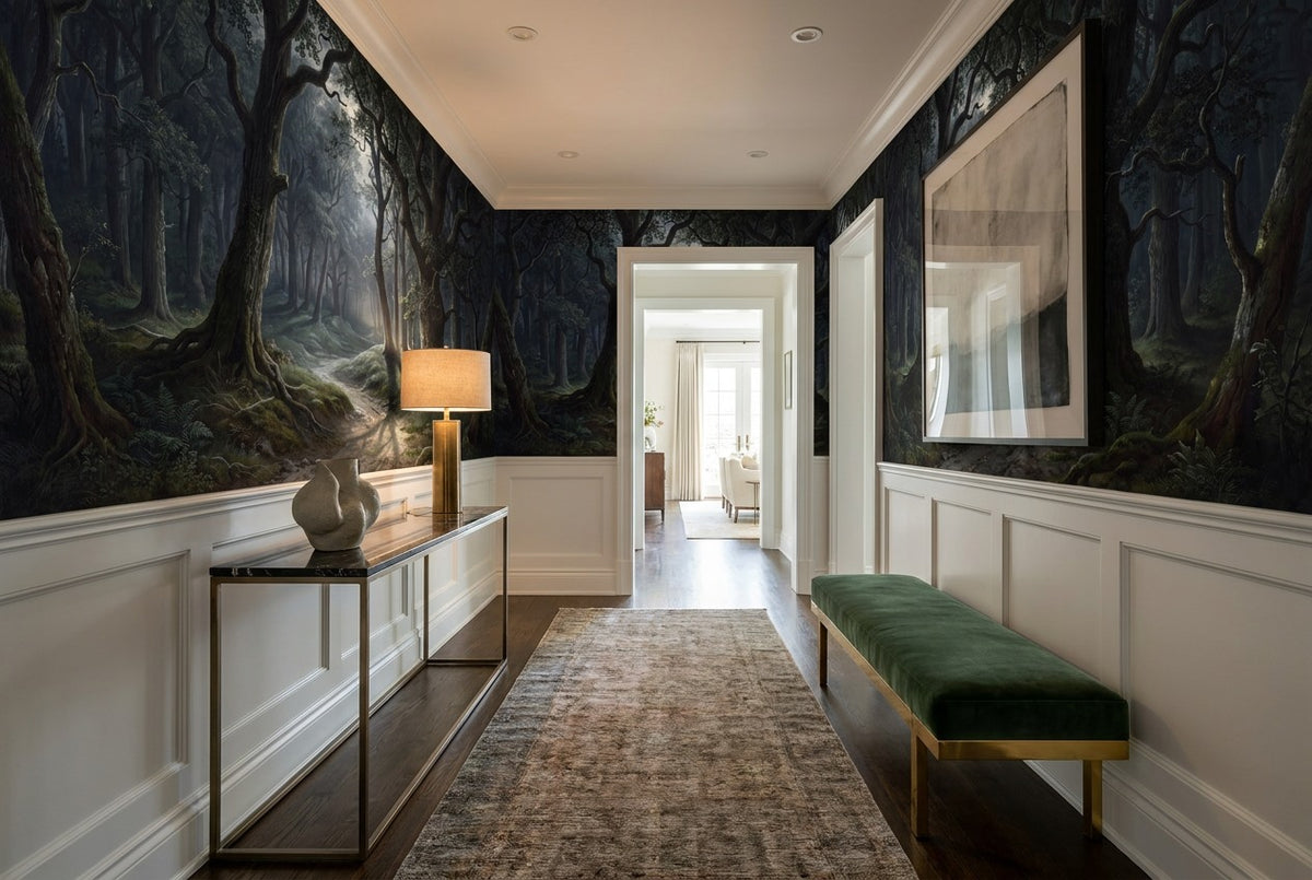 hallway dark forest wallpaper mural glow custom stick on vinyl non woven removable