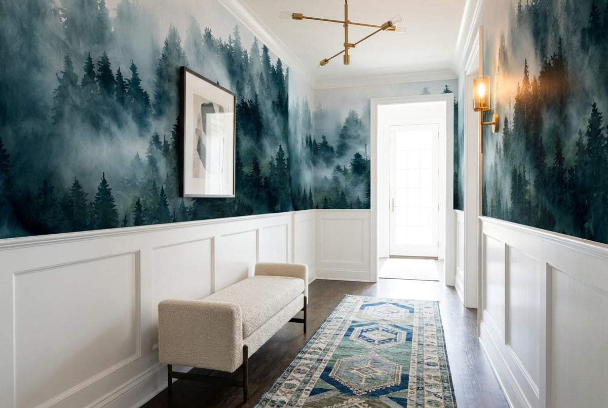 Misty blue forest wallpaper mural in a hallway