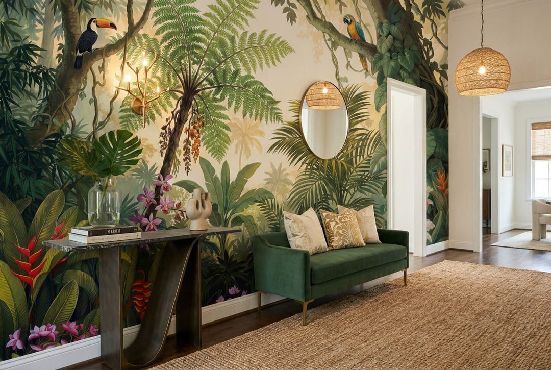 Moss Teal Botanical Tropical Rainforest Wallpaper Mural scene image
