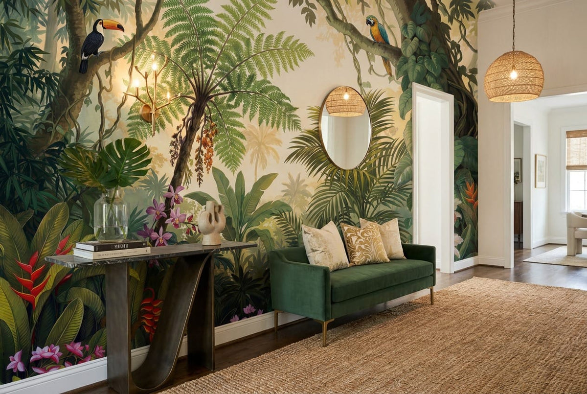 Moss Teal Botanical Tropical Rainforest Wallpaper Mural scene image