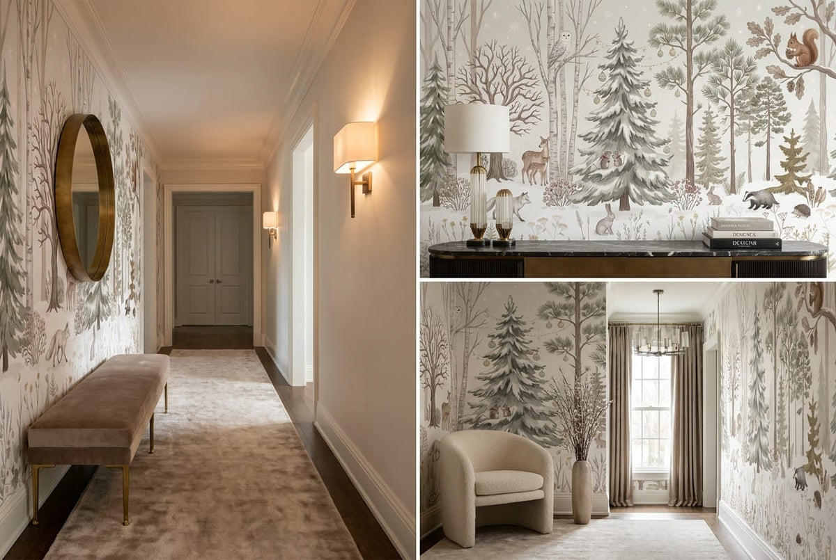 Warm Tan Cozy Nordic Winter Forest Wallpaper Mural in hallway
