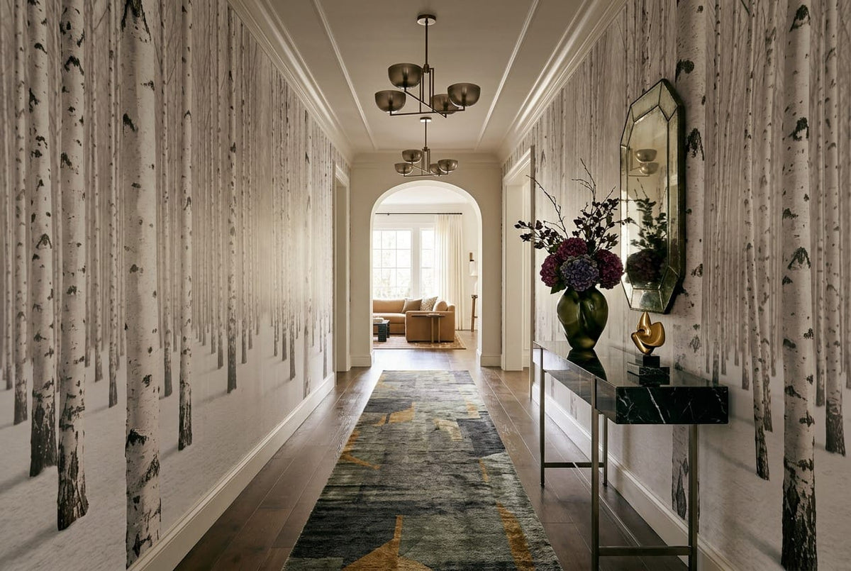 Calm White Nordic Woodland Birch Forest Wallpaper Mural in hallway