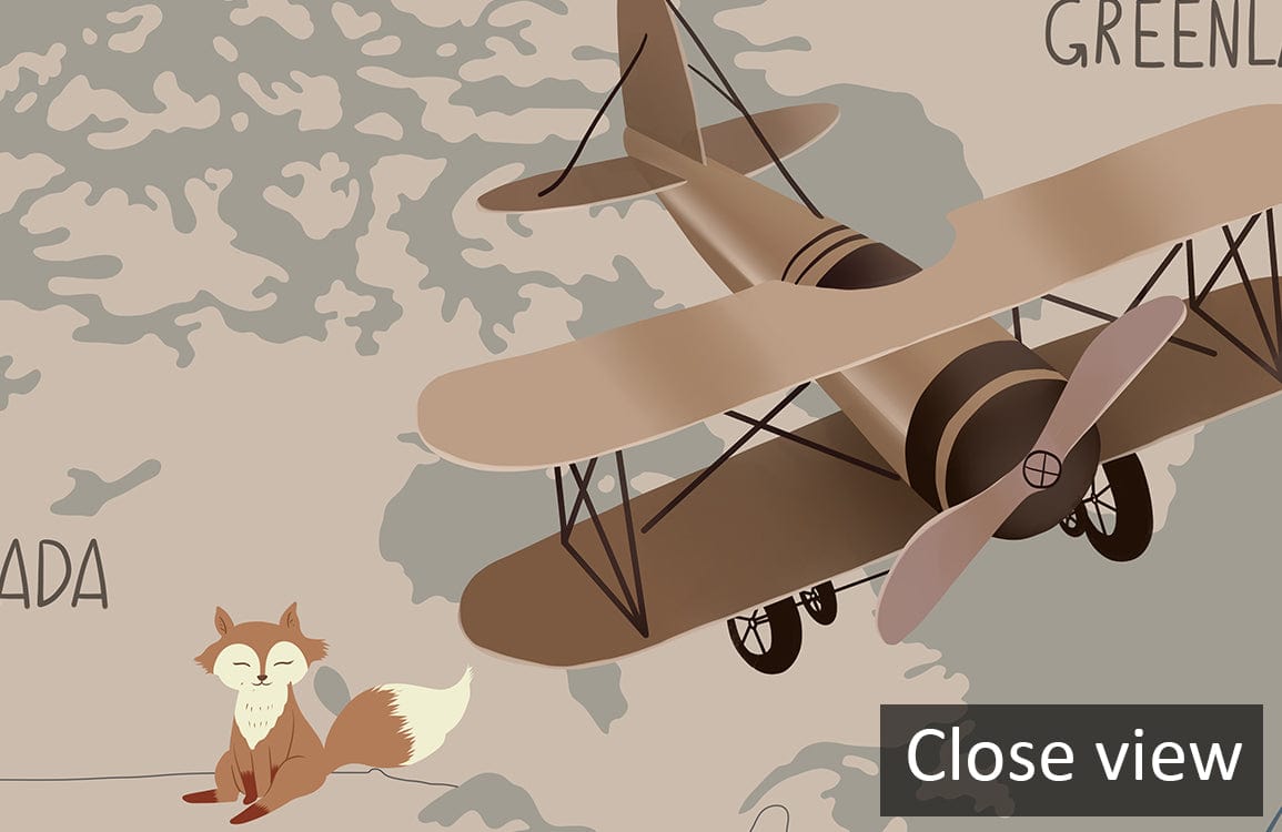 Alt text: Vintage World Map Mural Wallpaper with aeroplanes, animals; taupe tones, featuring close-up scene details.