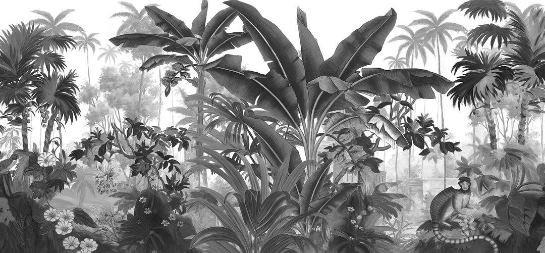 Monochrome Tropical Jungle Mural Wallpaper: Exotic Botanical Paradise Design