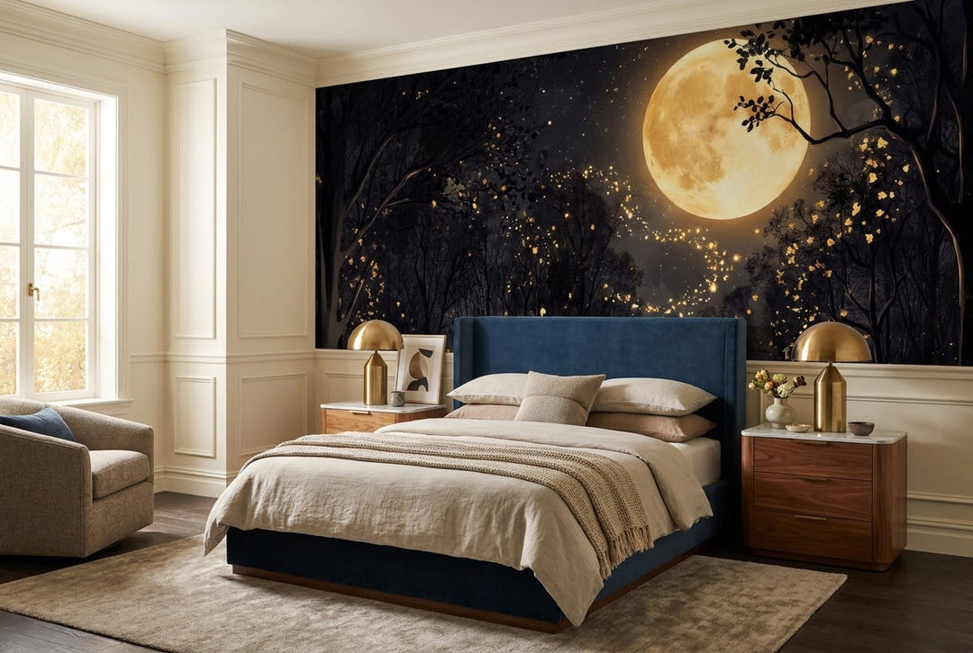 Purple Ink Enchanted Nordic Night Forest Wallpaper Mural in ink