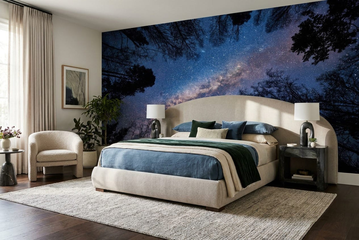 Moonlit Ink Starry Nordic Night Forest Wallpaper Mural in ink