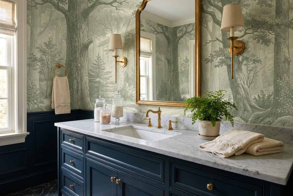 Soft Olive Engraving European Forest Green Wallpaper Mural scene image