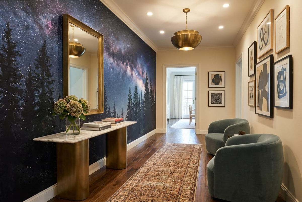 Navy Ink Dreamy Nordic Night Forest Wallpaper Mural in ink