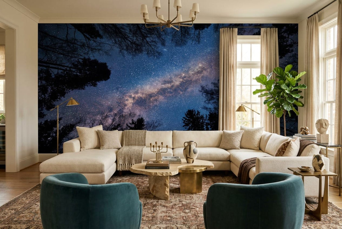 Moonlit Ink Starry Nordic Night Forest Wallpaper Mural in ink