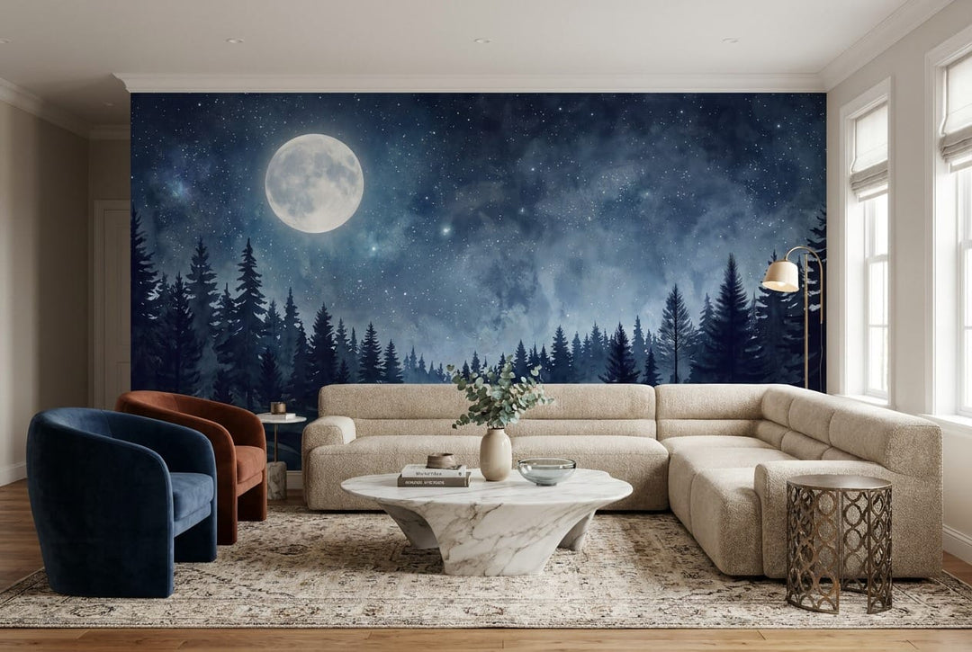 Violet Ink Nordic Night Forest Wallpaper Mural in ink