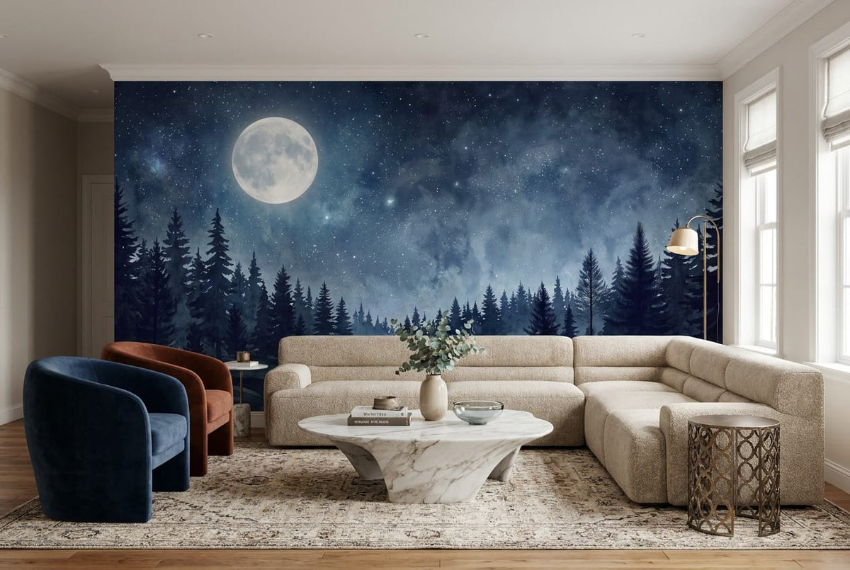 Violet Ink Nordic Night Forest Wallpaper Mural in ink