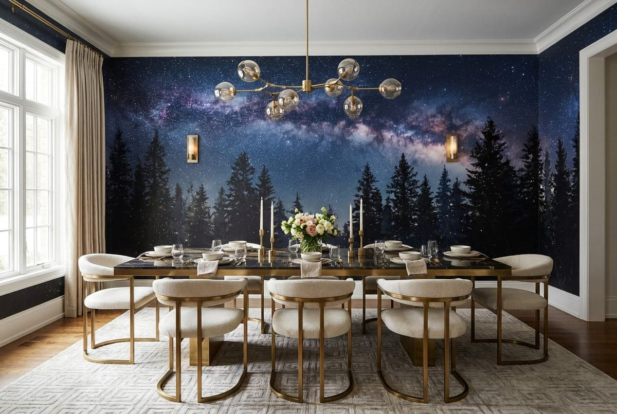 Navy Ink Dreamy Nordic Night Forest Wallpaper Mural in ink