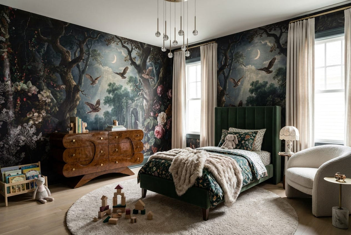 Starry Ink Moonlight Nordic Night Forest Wallpaper Mural in ink