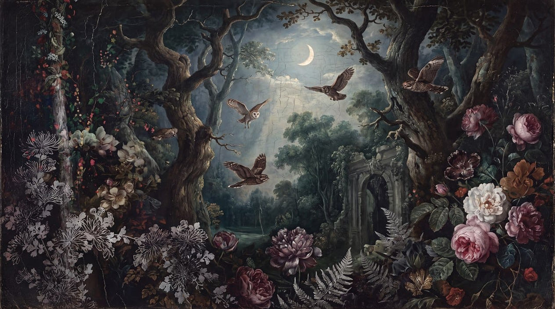 Starry Ink Moonlight Nordic Night Forest Wallpaper Mural in ink