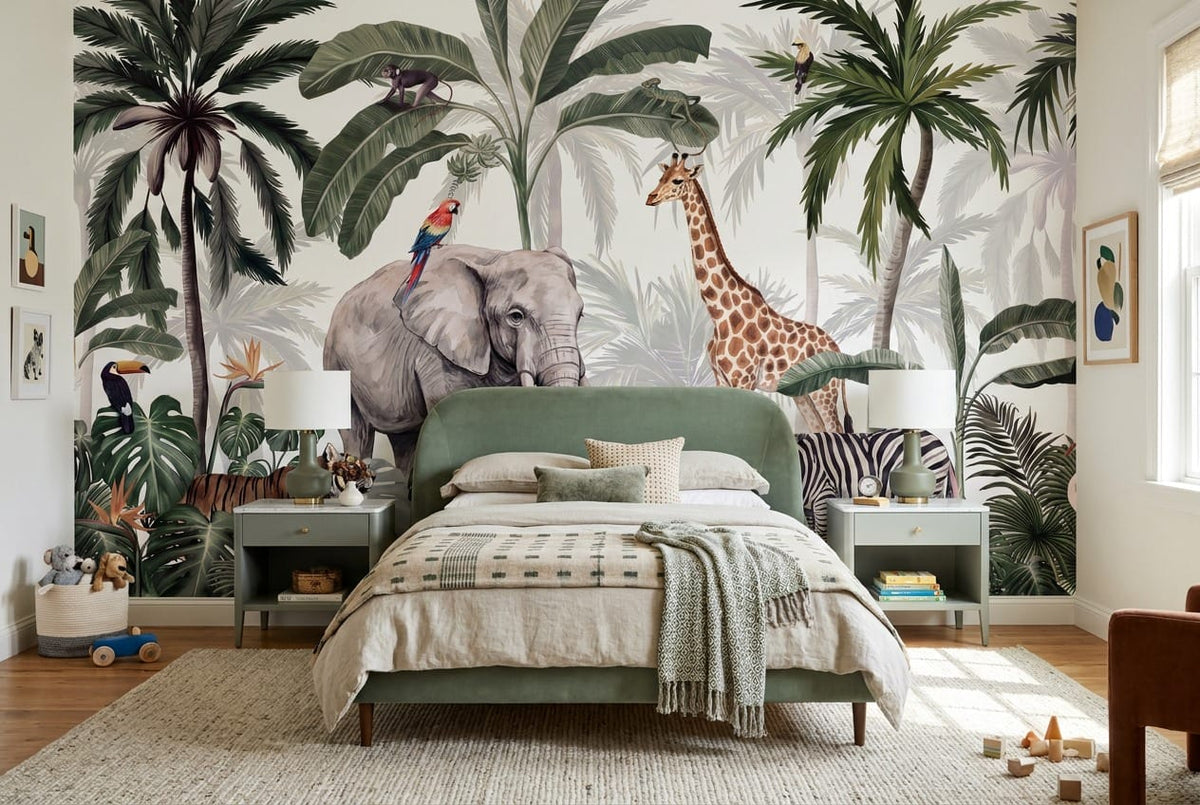 Ivory Safari Palm Jungle Wallpaper Mural in ivory