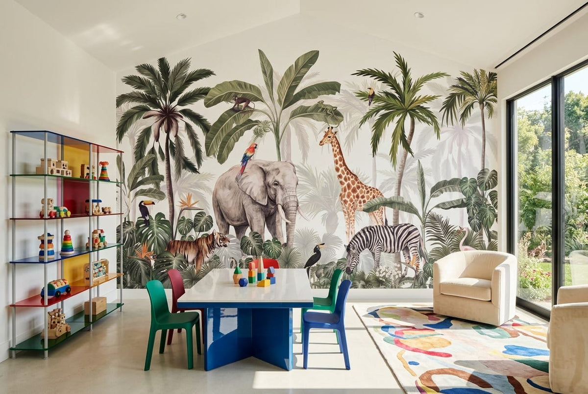 Ivory Safari Palm Jungle Wallpaper Mural in ivory