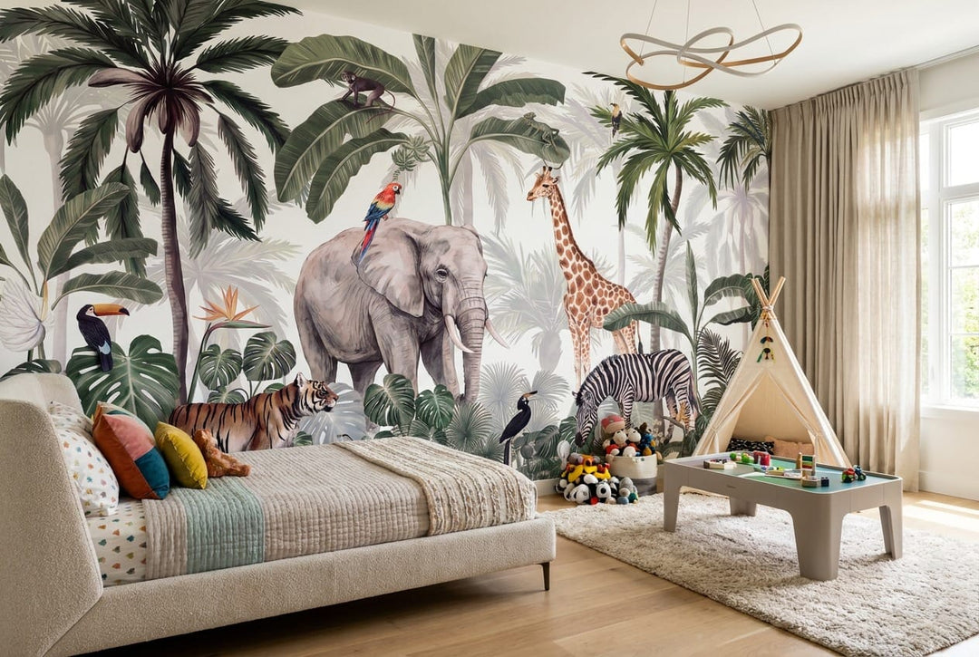 Ivory Safari Palm Jungle Wallpaper Mural in ivory