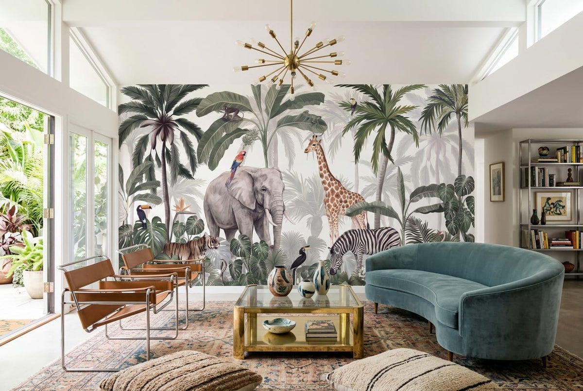 Ivory Safari Palm Jungle Wallpaper Mural in ivory