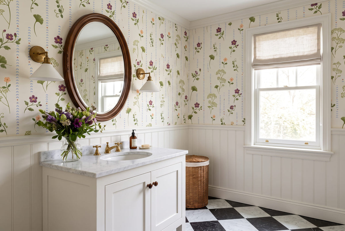Blush Wildflower Botanical Stripe Wallpaper Mural