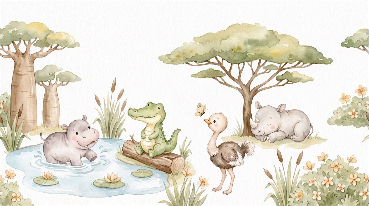 Sage Playful Pond Animals Wallpaper Mural