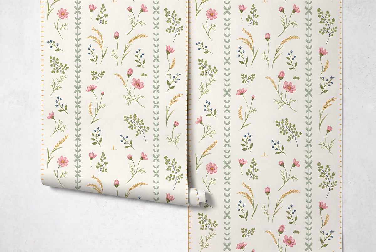 Blush Wildflower Botanical Stripe Wallpaper Mural