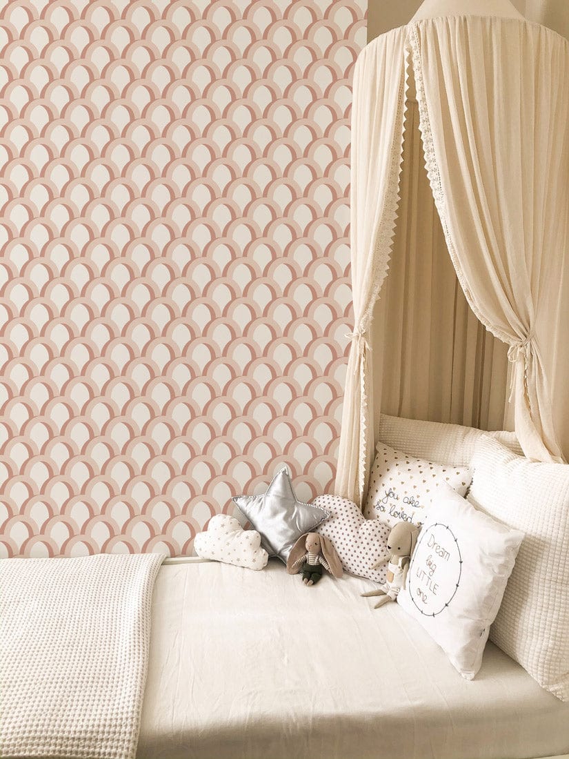 Elegant Peach Scales Wallpaper, minimalist, with beige canopy bed, nursery style, cosy decor.