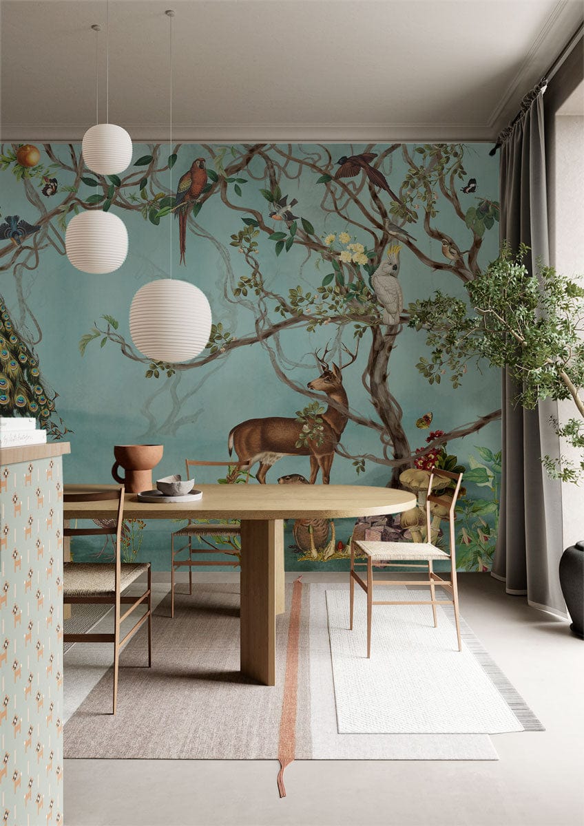Vintage pastel woodland wildlife mural wallpaper in dining room, featuring exotic animals design and chic decor.