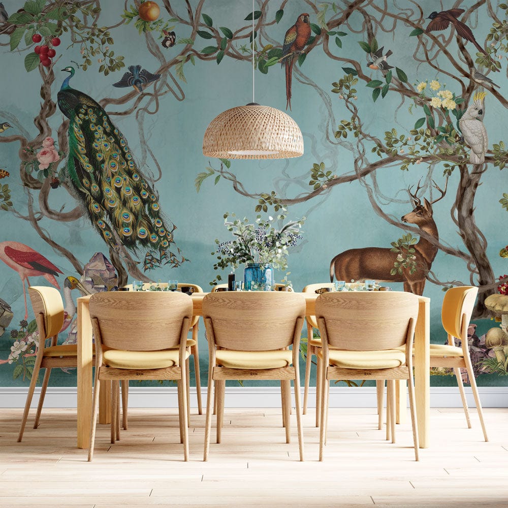Vintage Pastel Woodland Wildlife Mural with Exotic Animals in Dining Room, Light Wood Floor, Rattan Lamp.