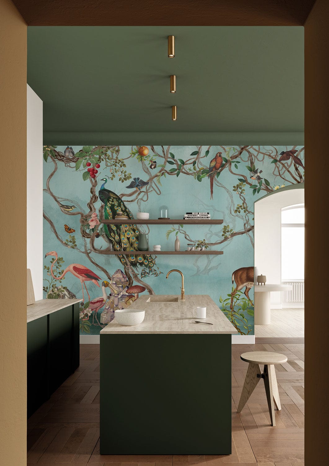 Vintage Pastel Woodland Wildlife Mural Wallpaper with Exotic Animals in modern kitchen decor, green cabinetry.