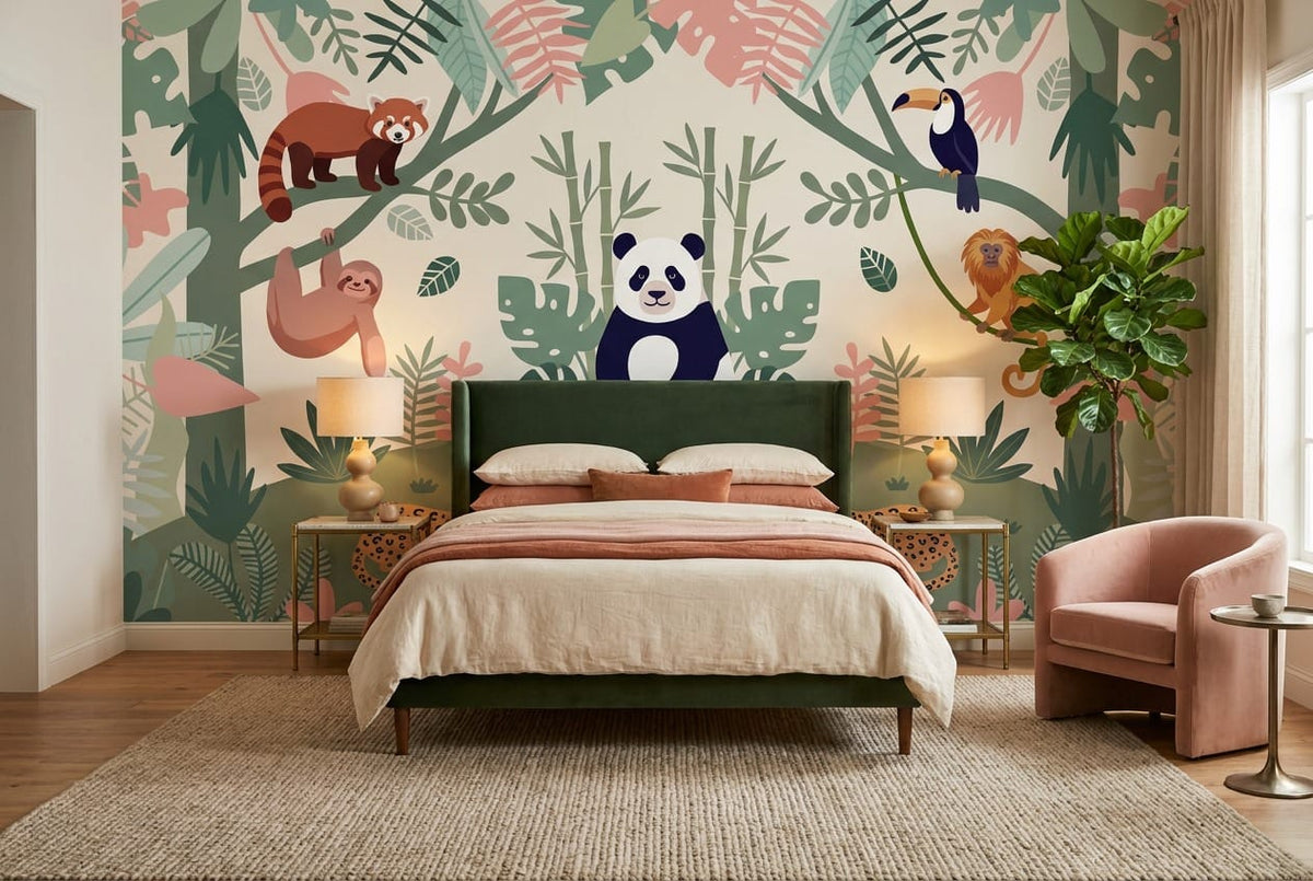Mint Panda and Leopard Jungle Wallpaper Mural in jungle
