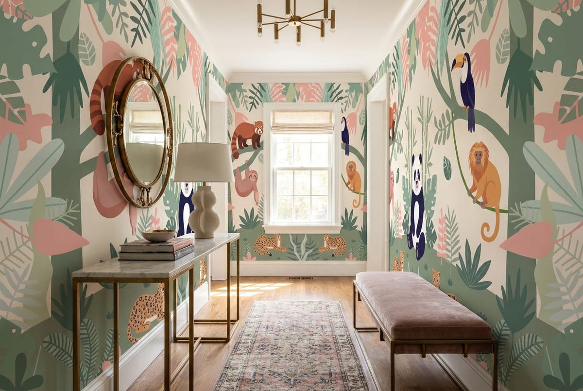 Mint Panda and Leopard Jungle Wallpaper Mural in jungle