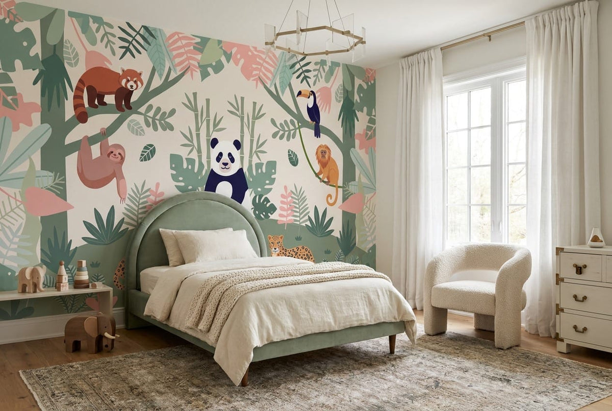 Mint Panda and Leopard Jungle Wallpaper Mural in jungle
