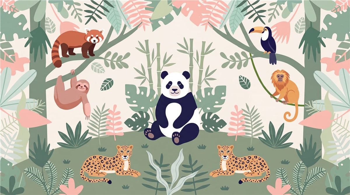 Mint Panda and Leopard Jungle Wallpaper Mural in jungle