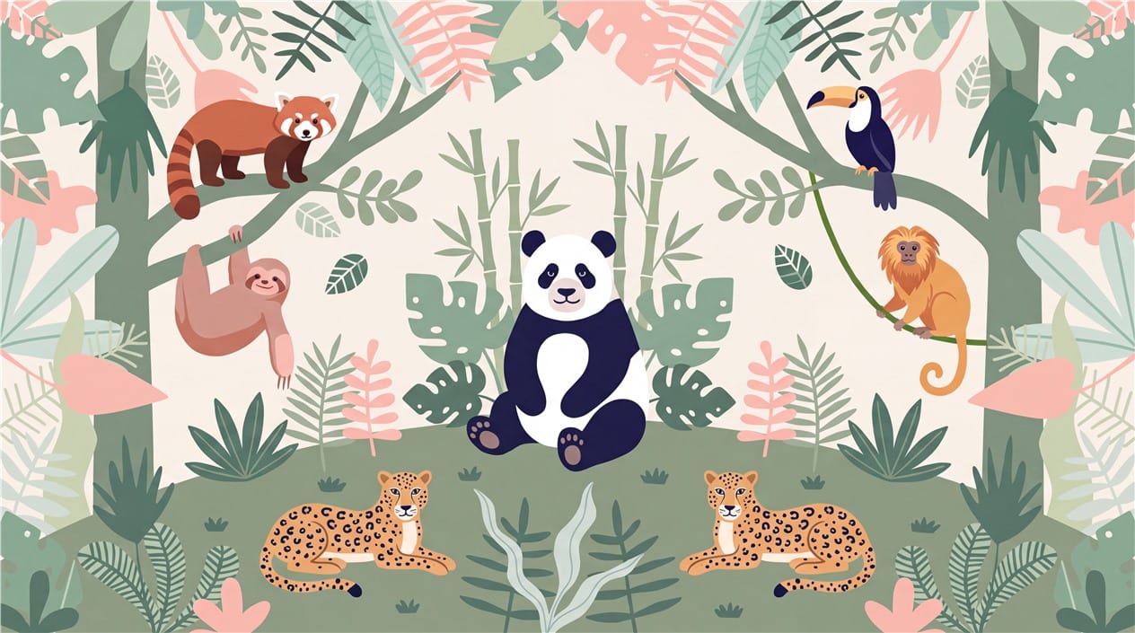 Mint Panda and Leopard Jungle Wallpaper Mural