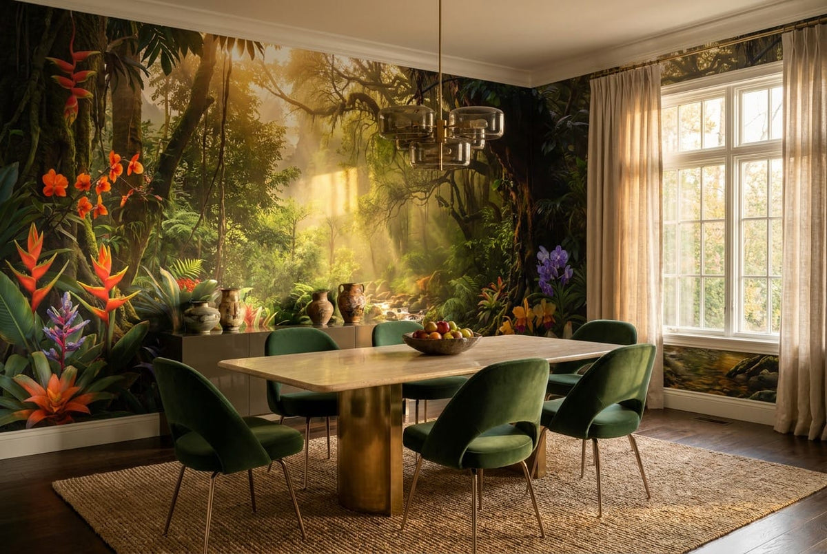 Sunlit Floral Rainforest Jungle Wallpaper Mural in jungle