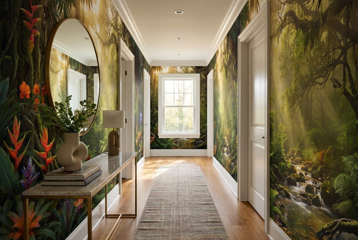 Sunlit Floral Rainforest Jungle Wallpaper Mural in jungle