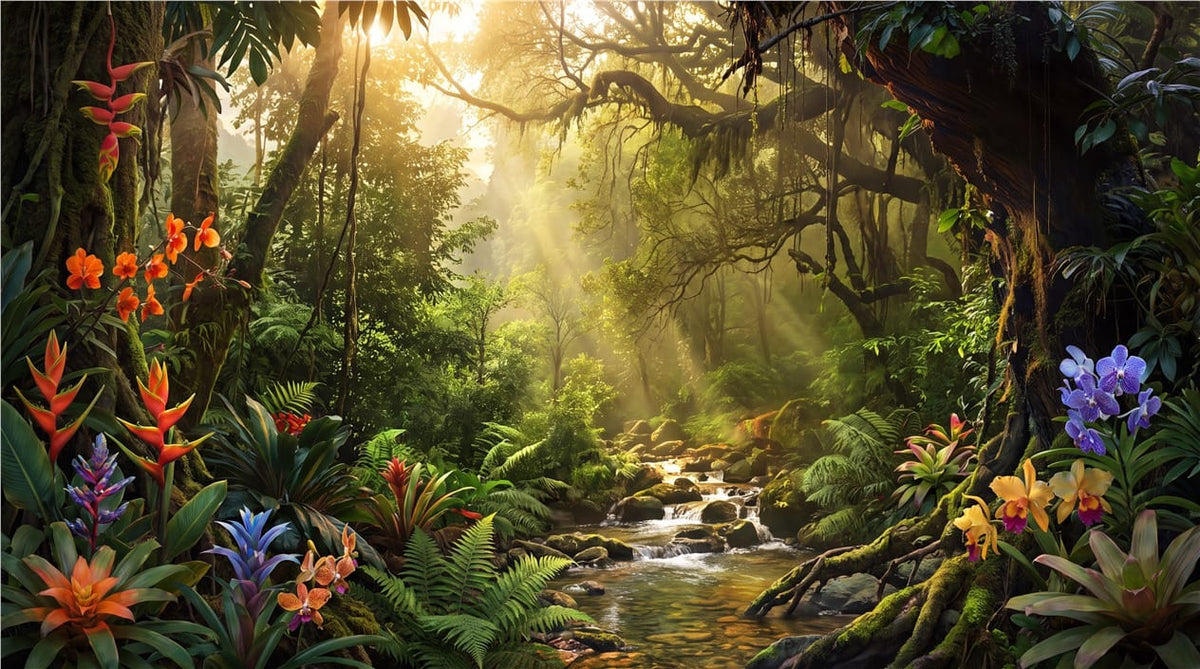 Sunlit Floral Rainforest Jungle Wallpaper Mural in jungle