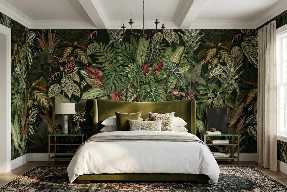 Dark Variegated Leaf Jungle Wallpaper Mural in jungle