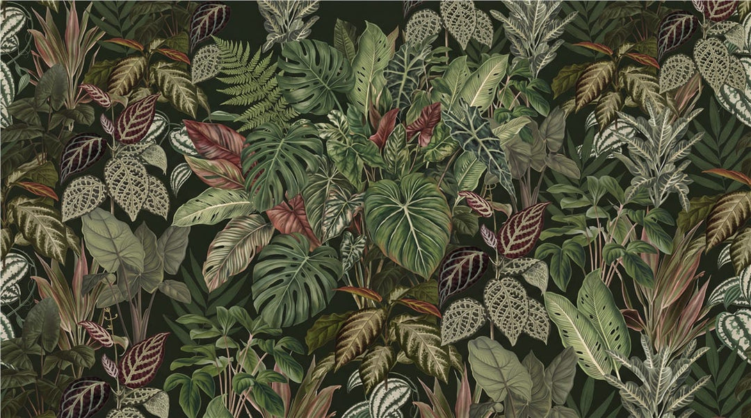 Dark Variegated Leaf Jungle Wallpaper Mural in jungle