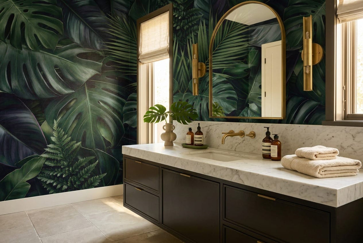 Navy Emerald Layered Leaf Jungle Wallpaper Mural in jungle