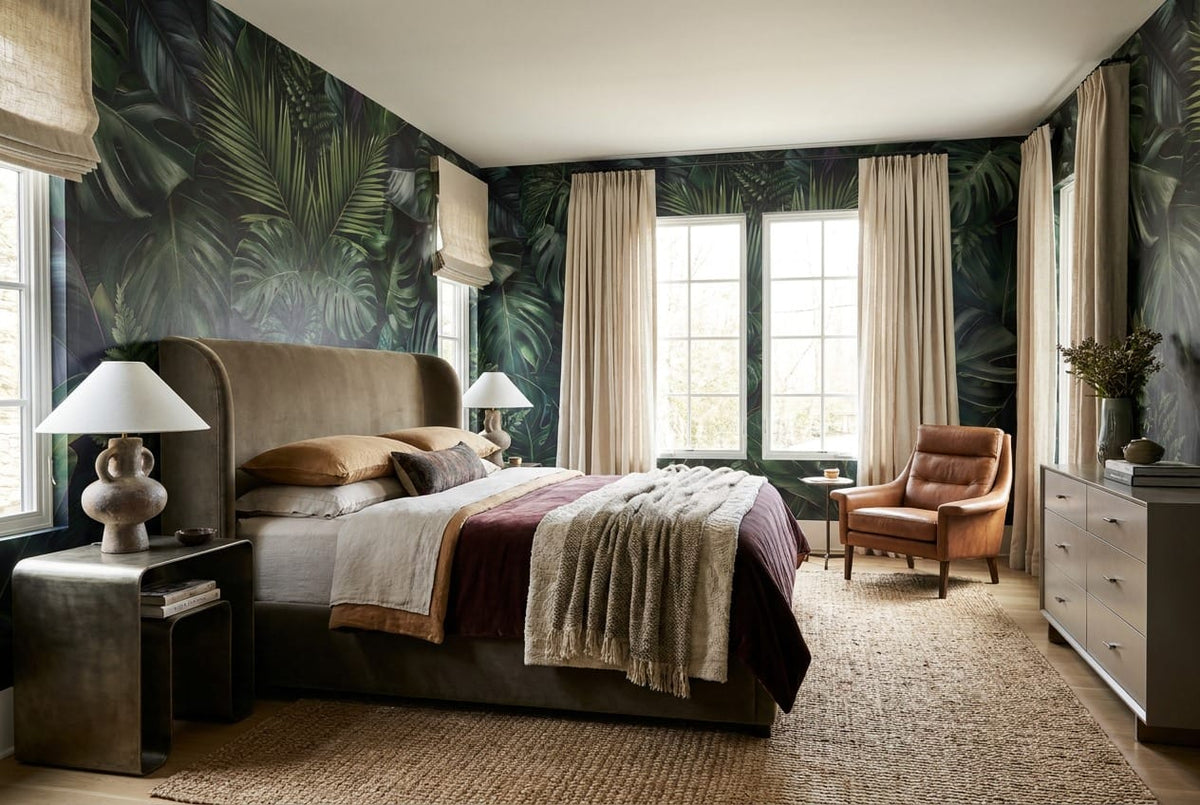 Navy Emerald Layered Leaf Jungle Wallpaper Mural in jungle