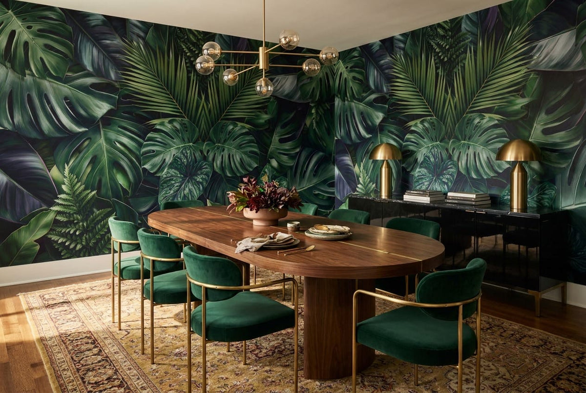 Navy Emerald Layered Leaf Jungle Wallpaper Mural in jungle