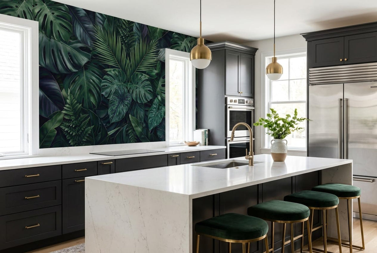 Navy Emerald Layered Leaf Jungle Wallpaper Mural in jungle