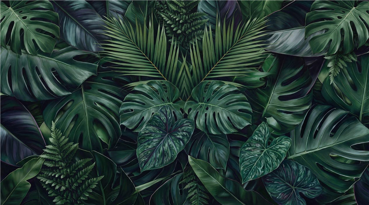 Navy Emerald Layered Leaf Jungle Wallpaper Mural in jungle