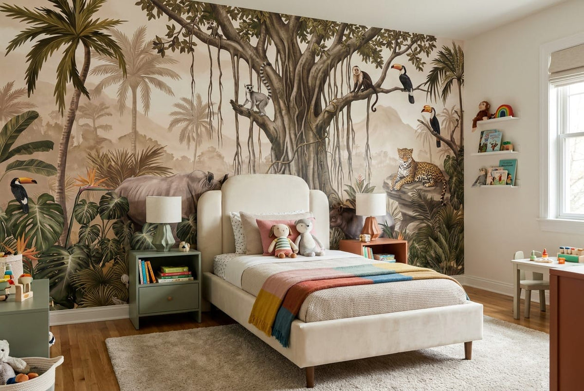Sepia Wild Animal Jungle Wallpaper Mural in jungle
