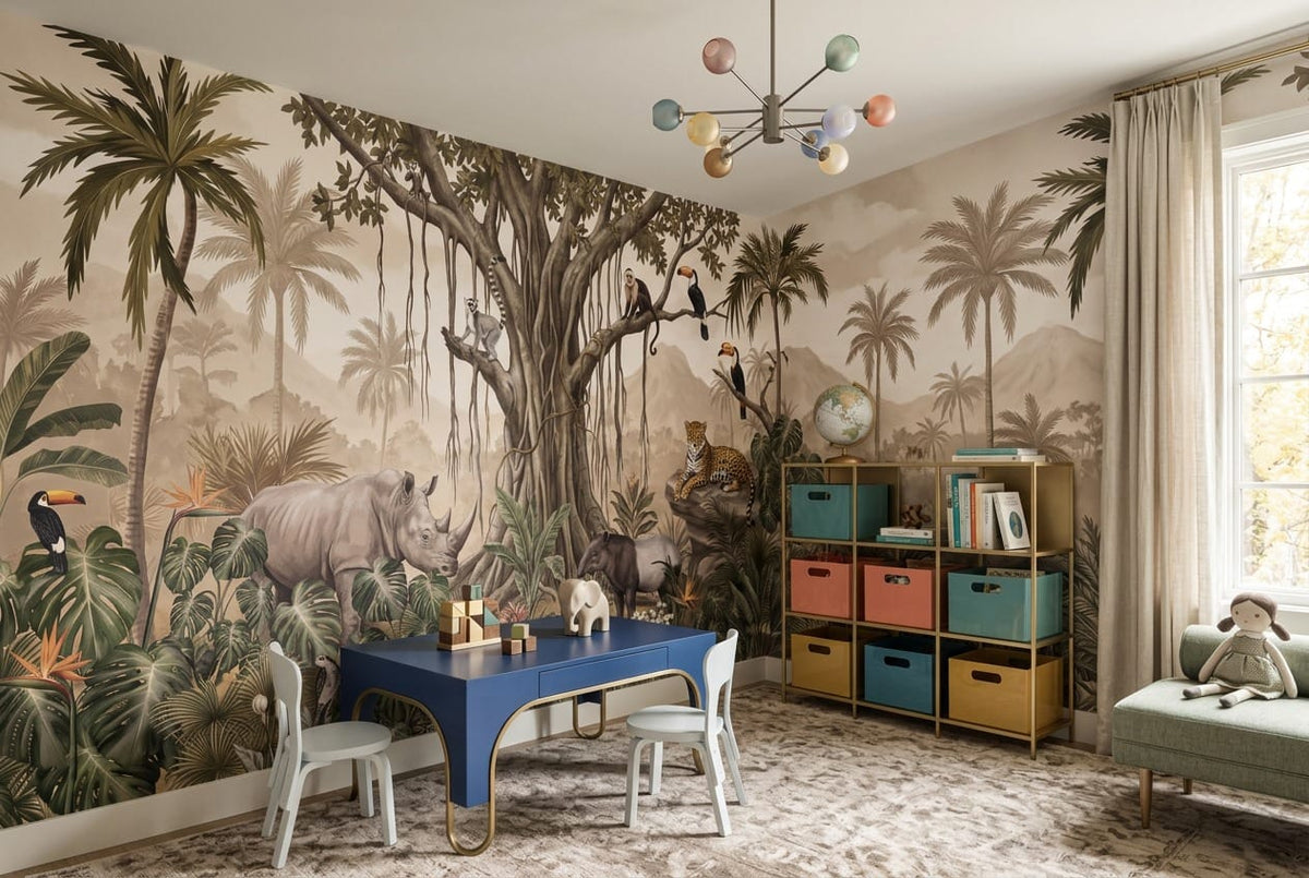 Sepia Wild Animal Jungle Wallpaper Mural in jungle