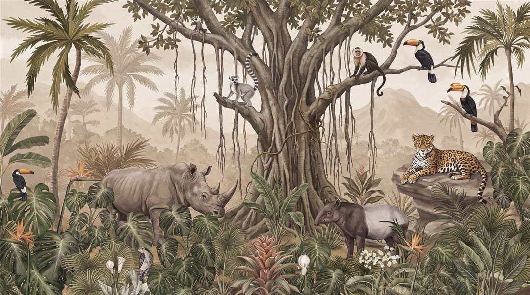 Sepia Wild Animal Jungle Wallpaper Mural in jungle